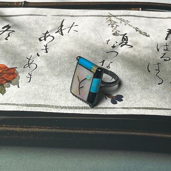 Vintage Native American Mop Turquoise And Onyx Inlay Sterling Silver Ring